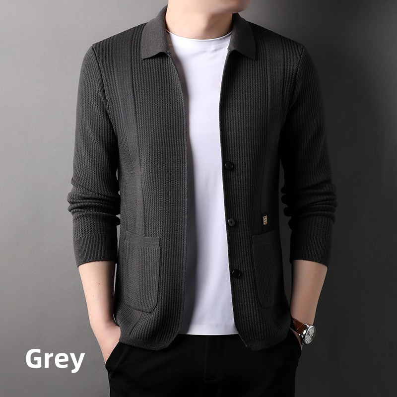🔥Men's Lapel Collar Knit Cardigan, Autumn Spring Casual Solid Color Striped Sweater Coat With Pockets