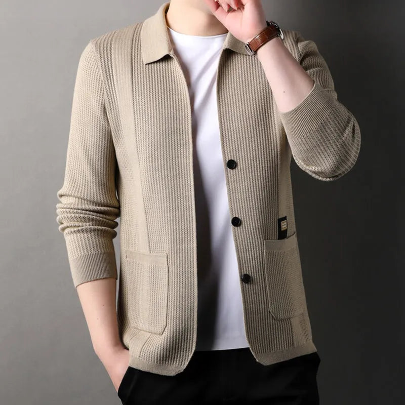 🔥Men's Lapel Collar Knit Cardigan, Autumn Spring Casual Solid Color Striped Sweater Coat With Pockets