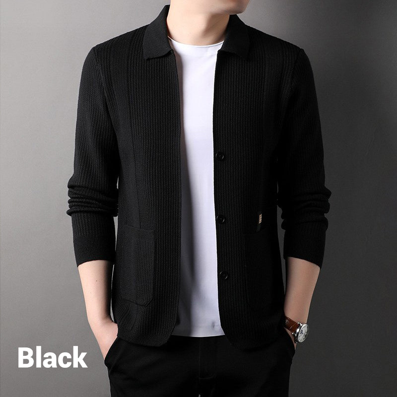 🔥Men's Lapel Collar Knit Cardigan, Autumn Spring Casual Solid Color Striped Sweater Coat With Pockets