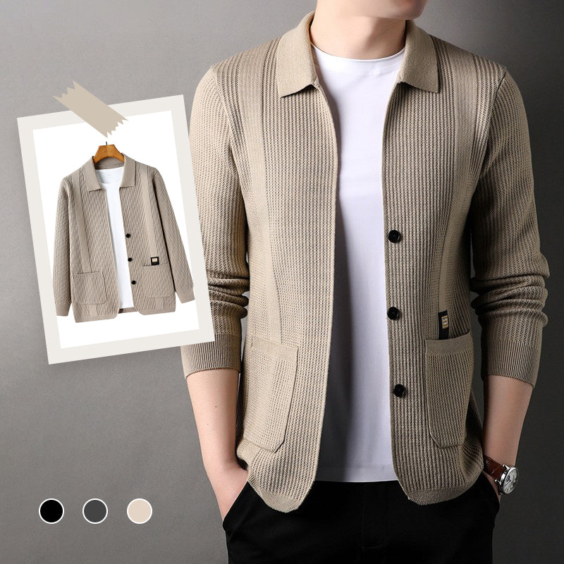 🔥Men's Lapel Collar Knit Cardigan, Autumn Spring Casual Solid Color Striped Sweater Coat With Pockets